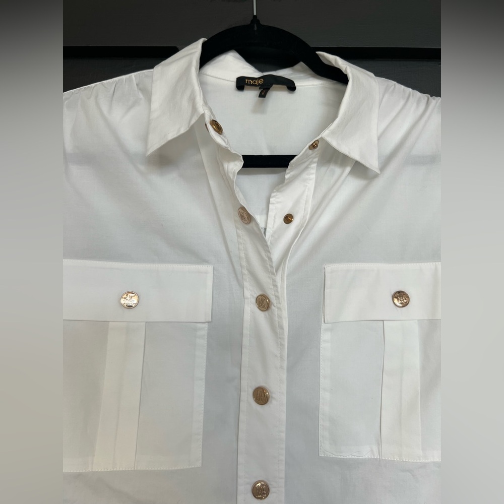 Maje Carlita Cropped Cotton Shirt in White, Size M (2) - Picture 9 of 15